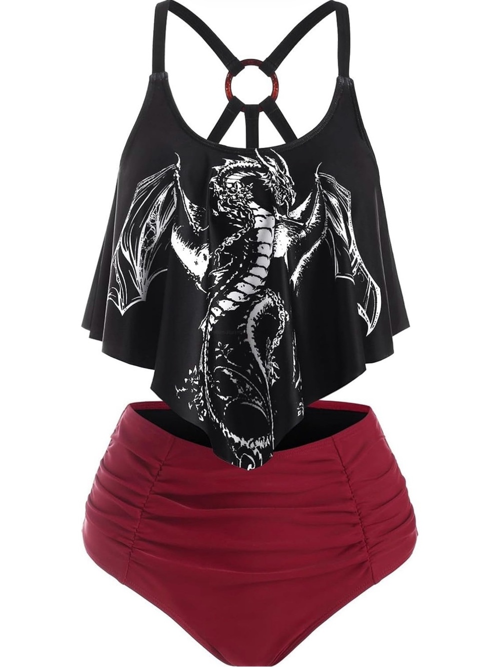 DRESSFO Gothic Dragon Print Black & Wine 2pc Bikini Tankini Ruched Women’s M